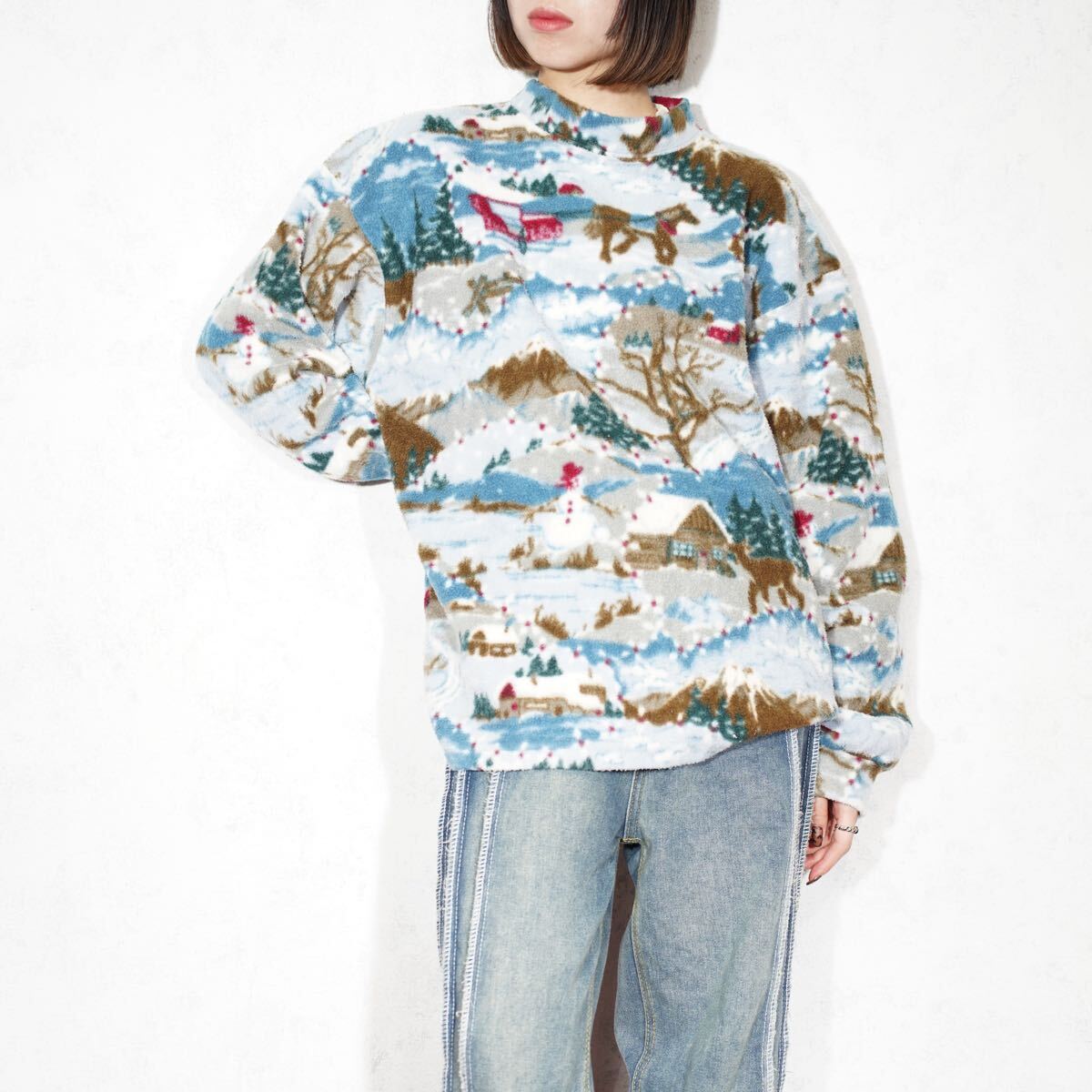 USA VINTAGE DUTCH HARBOR GEAR WINTER PATTERNED FLEECE HIGH NECK/アメリカ古着冬柄フリースハイネック拍卖