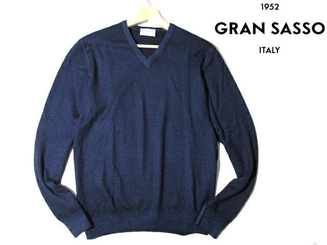 定価26400円▼ イタリア製 グランサッソ ウール100% Vネックニット GRAN SASSO 12G ストーンウッシュ ハイゲージ 紺 ネイビー 48拍卖