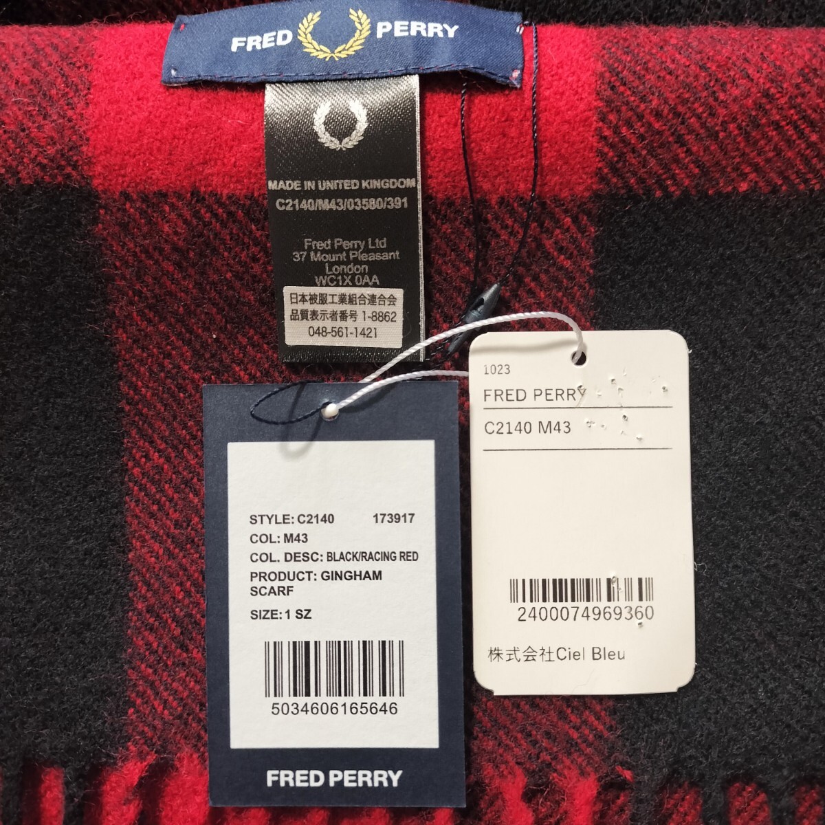 FRED PERRY(フレッドペリー)①赤チェックマフラー新品 未使用 タグ付き拍卖