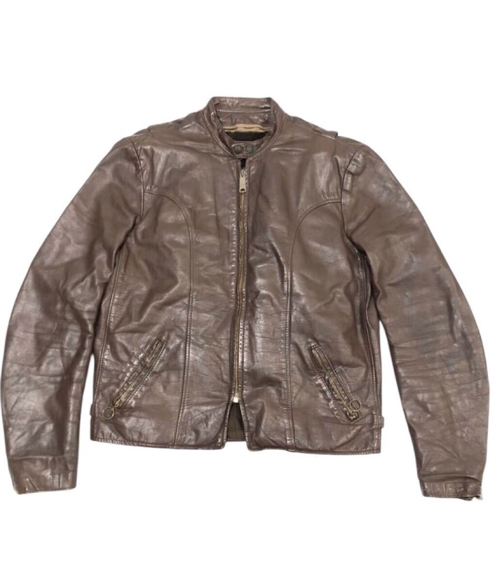 70s ヴィンテージ ■ BROOKS LEATHER ブルックス ■ 着脱可能 ボアライナー付 スタンドカラー シングル ライダースジャケット ブラウン 44拍卖