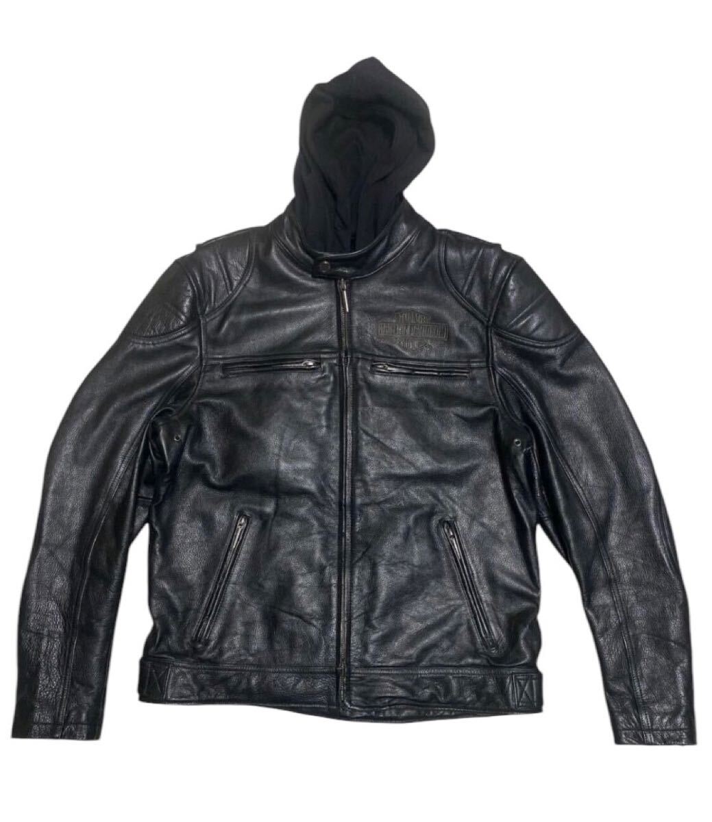 ■ HARLEY DAVIDSON ハーレーダビッドソン ■ フード着脱可 本革 レザー 牛革 ビッグ ロゴ 刺繍 カスタム シングル ライダース ジャケット拍卖