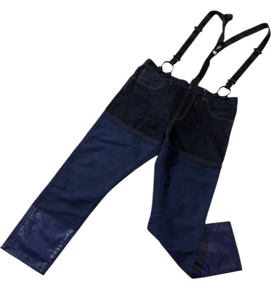 ■ JUNYA WATANABE MAN ジュンヤ ワタナベ マン コムデギャルソン ■ 本革 レザー サスペンダー付 ポリウレタン樹脂 切替 インディゴデニム拍卖