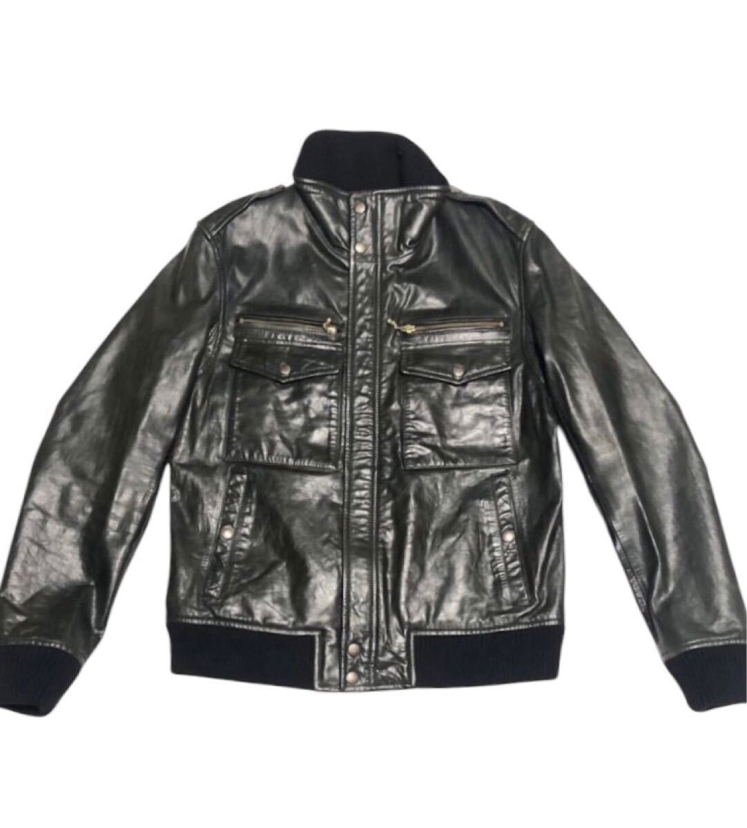 ■ AVIREX アヴィレックス ■ 6161012 本革 馬革 ホースハイド リブ レザージャケット ブラック系 L拍卖
