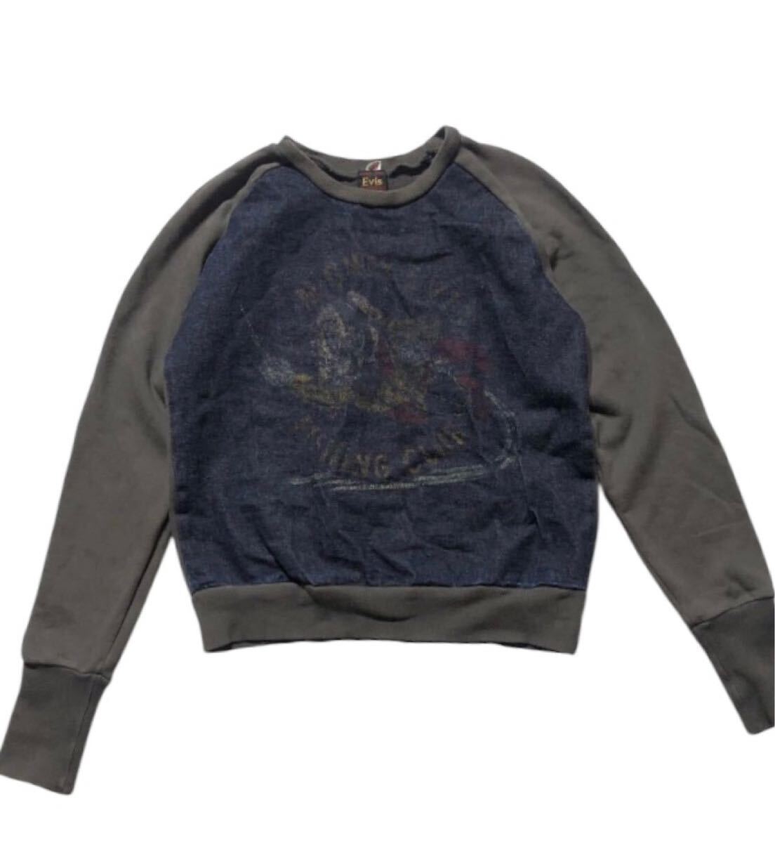 初期 旧 ハウスタグ U無 ■ EVISU エヴィス ■ マイティーエヴィス デニム地 切替 スウェット トレーナー インディゴブルー 38拍卖