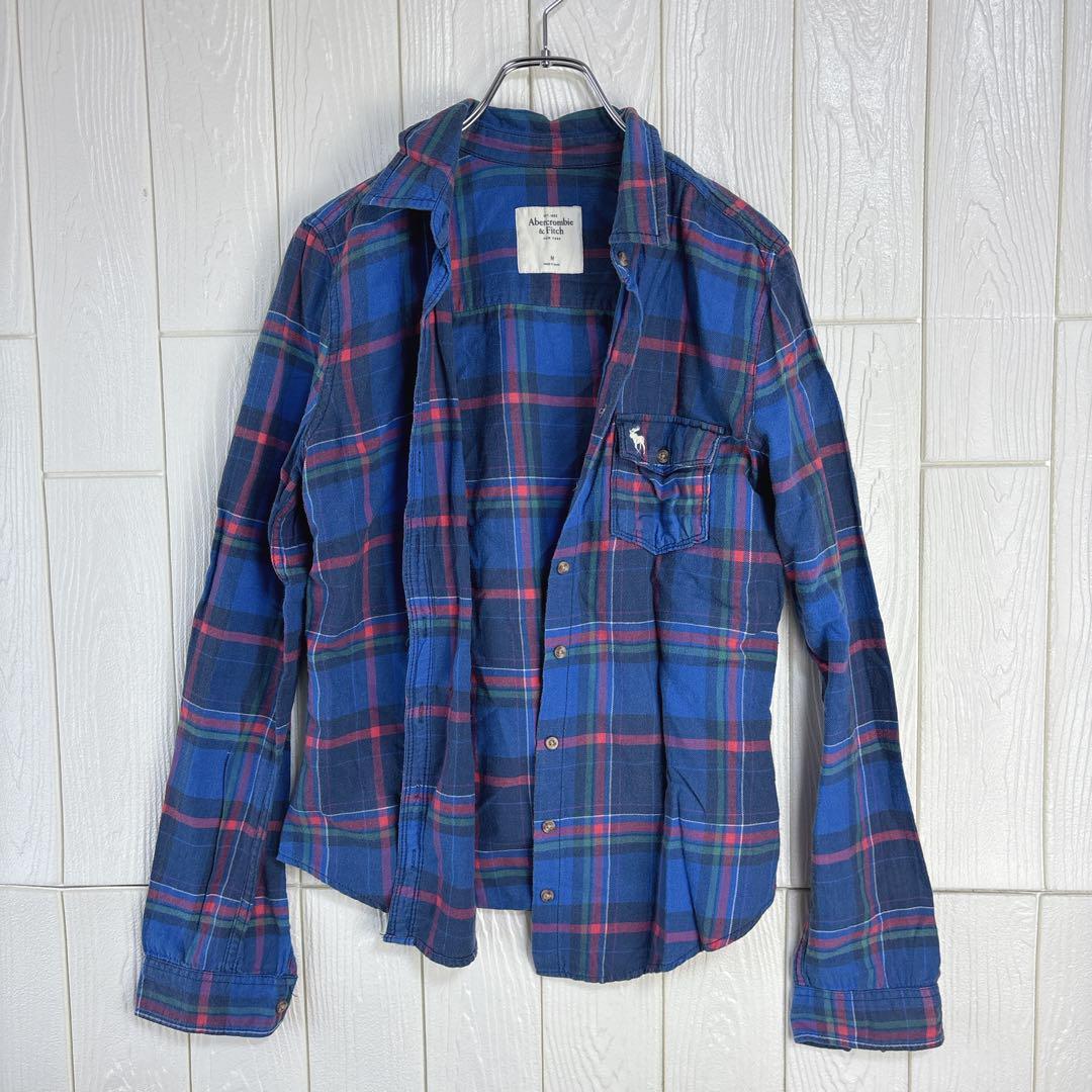 アバクロ 青と赤のチェック柄シャツ 38cm肩幅 68cm着丈拍卖