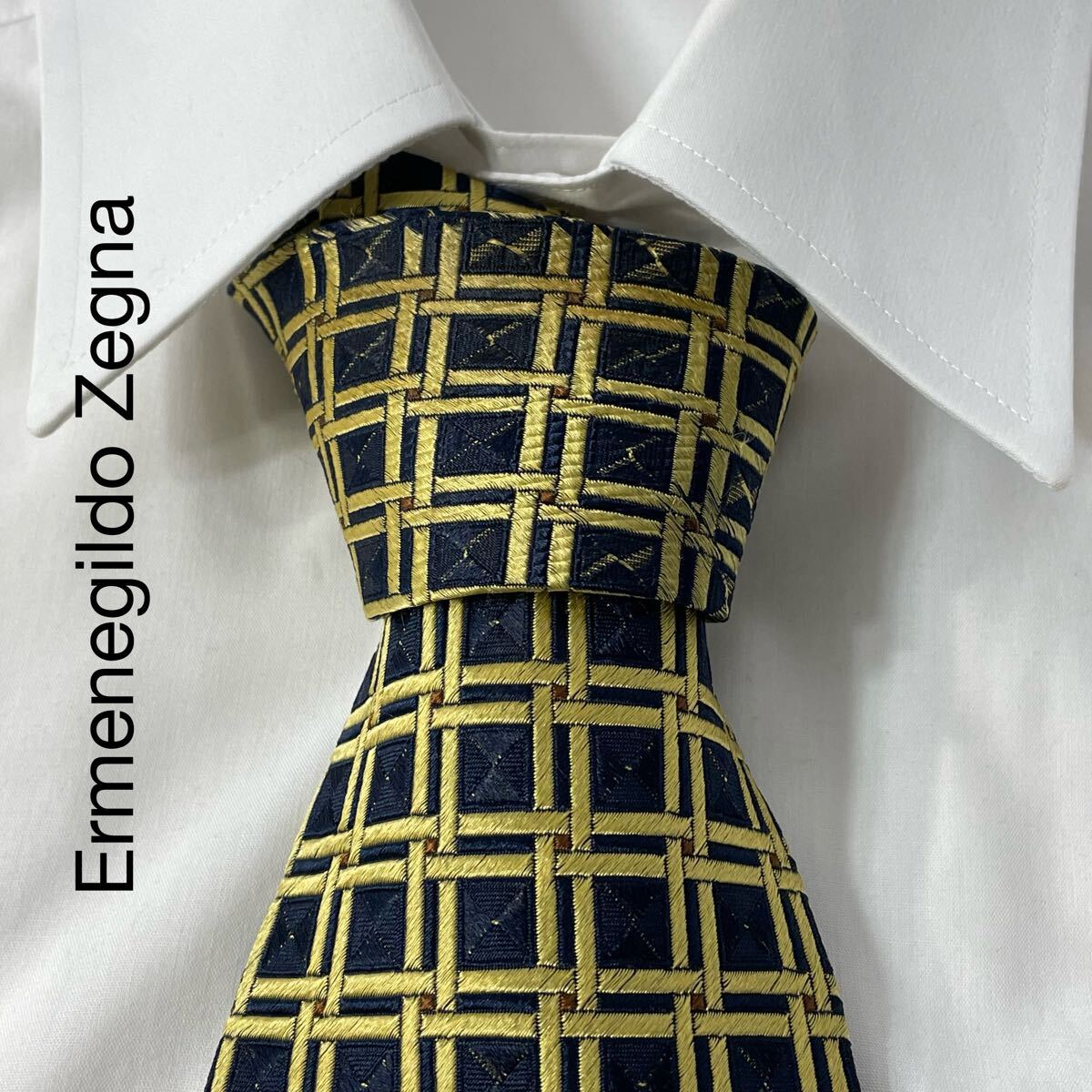 Ermenedildo Zegna エルメネジルドゼニア ジャガード シルク ネクタイ イタリア製 ネイビー イエロー TG801拍卖