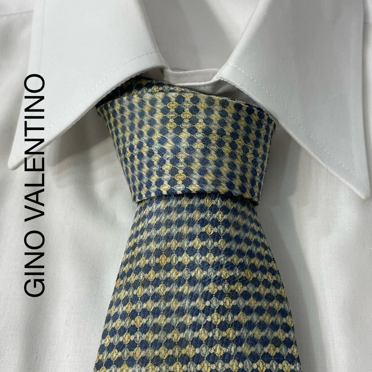 GINO VALENTINO パターン柄 デザイン シルク ネクタイ ネイビー ブルー ベージュ TG871拍卖