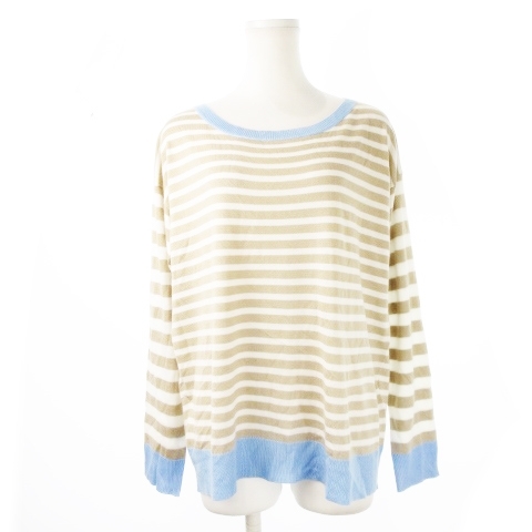 ユナイテッド・カラーズ・オブ・ベネトン UNITED COLORS OF BENETTON ニット セーター 長袖 滑らか ツヤ感 ゆったり M ボーダー ベージュ拍卖