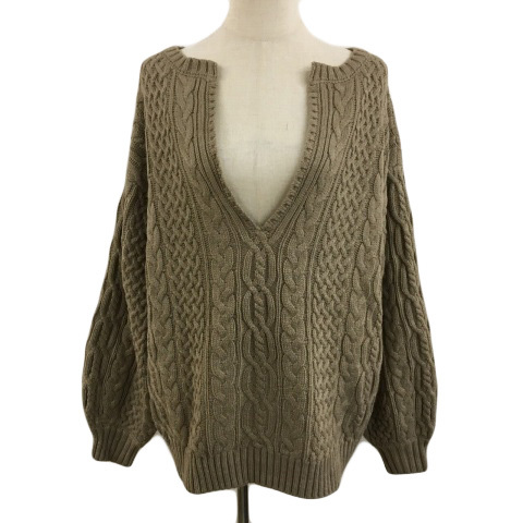 ページボーイ PAGE BOY セーター ニット スリットネック リブ ケーブル編み オーバーサイズ 長袖 F 茶 ブラウン レディース拍卖