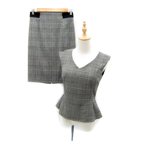 ピンキー&ダイアン ピンダイ セットアップ 上下 カットソー ノースリーブ タイトスカート グレンチェック柄 38 M 黒 白 レディース拍卖