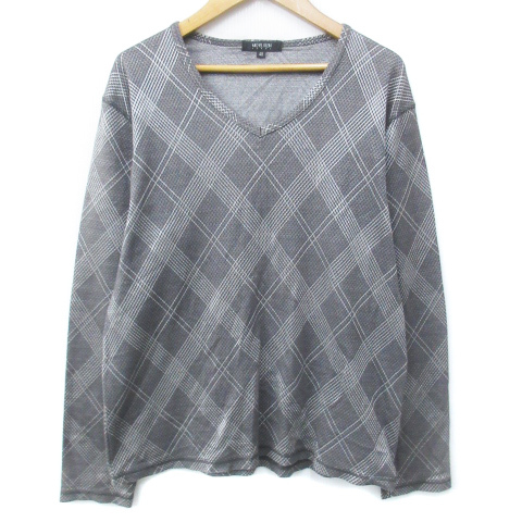 ミッシェルクランオム M.K HOMME カットソー 長袖 Vネック ダイヤ柄 総柄 48 L グレー 白 ホワイト /FF12 メンズ拍卖