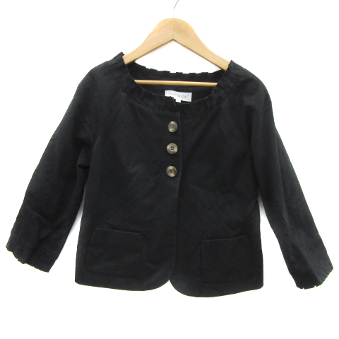 ポール&ジョー PAUL&JOE ノーカラージャケット ショート丈 九分袖 ラウンドネック プリーツ 36 S 黒 ブラック /YS19 レディース拍卖