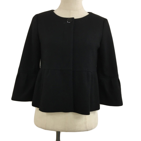 インディヴィ INDIVI ジャケット ノーカラー シングル 無地 フリル ウール カットオフ 七分袖 38 黒 ブラック レディース拍卖