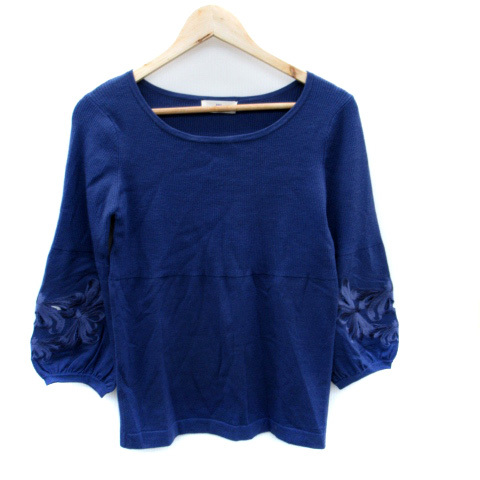 ビアッジョブルー Viaggio Blu ニット カットソー 七分袖 ラウンドネック リブ 刺繍 ウール混 2 青 ブルー /SM11 レディース拍卖