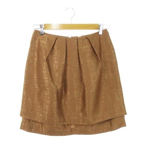 未使用品 キューハート Q スカート タイト ミニ ジャガード タック 光沢 2 茶 ブラウン ゴールド /AH10 レディース拍卖