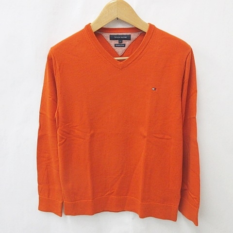 トミーヒルフィガー TOMMY HILFIGER ニット セーター 長袖 Vネック 刺繍 綿 オレンジ L メンズ拍卖