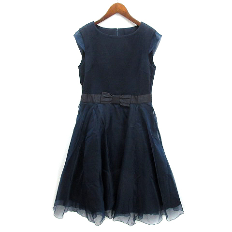 パルレシフォン PCI オーガンジー 切替 リボン フレア ワンピース 半袖 ネイビー 紺 165CM キッズ レディース拍卖