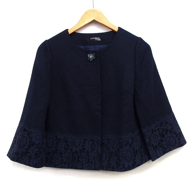 ユニバーバル ミューズ UNIVERVAL MUSE ノーカラー ジャケット ラメ混 ビジュー装飾 切替レース 七分袖 丸首 ネイビー 紺 /HT7 レディース拍卖