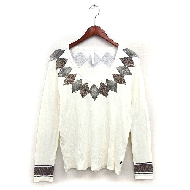 グラム glamb アーガイル柄 プリント Tシャツ カットソー Uネック コットン 綿 透け感 長袖 2 オフホワイト /NT15 メンズ拍卖