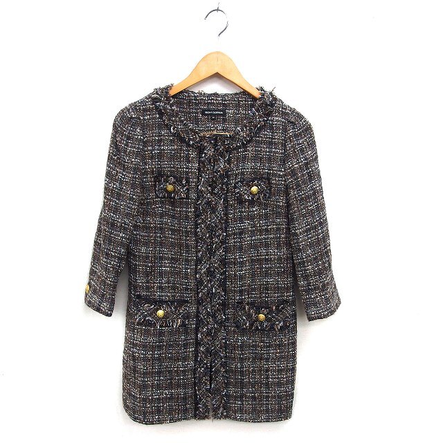 ボナジョルナータ BUONA GIORNATA ツイード ノーカラー コート アウター 七分袖 ショート ウール混 M 茶 ブラウン /NT33 レディース拍卖