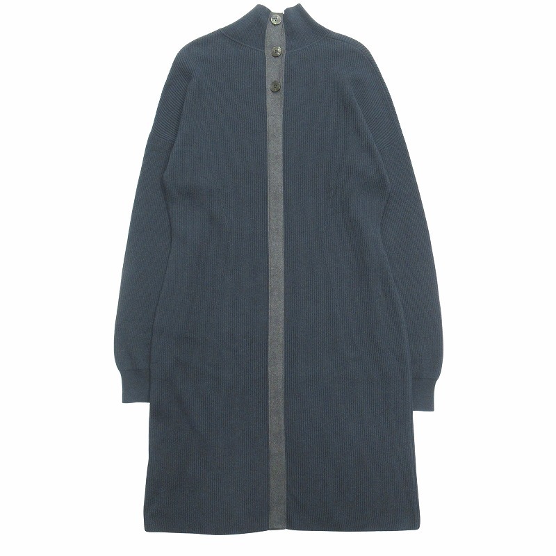 美品 20aw エルメス HERMES セリエボタン ニット ロング ワンピース ドレス コットン ウール ブレンド ハイネック 40 紺 レディース★11拍卖