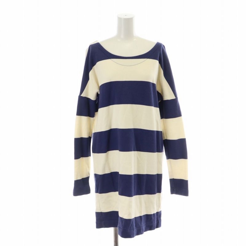 ラコステ LACOSTE ワンピース ひざ丈 スウェット ボーダー ロゴ プリント 長袖 38 L 紺 ネイビー /XK レディース拍卖