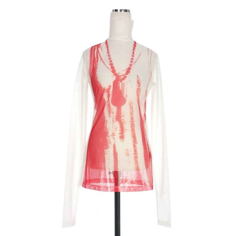 未使用品 エムエムシックス メゾンマルジェラ MM6 Maison Margiela 22AW メッシュトップス カットソー 長袖 M ホワイト/レッド 白/赤 S52NC拍卖