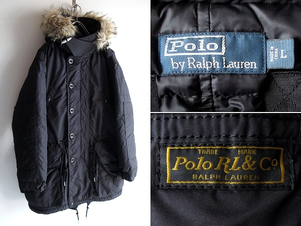 Polo by Ralph Lauren ラルフローレン ファー取外可 ダブルジップ N-3B フライトジャケット ダウンジャケット モッズコート L 黒 ブラック拍卖