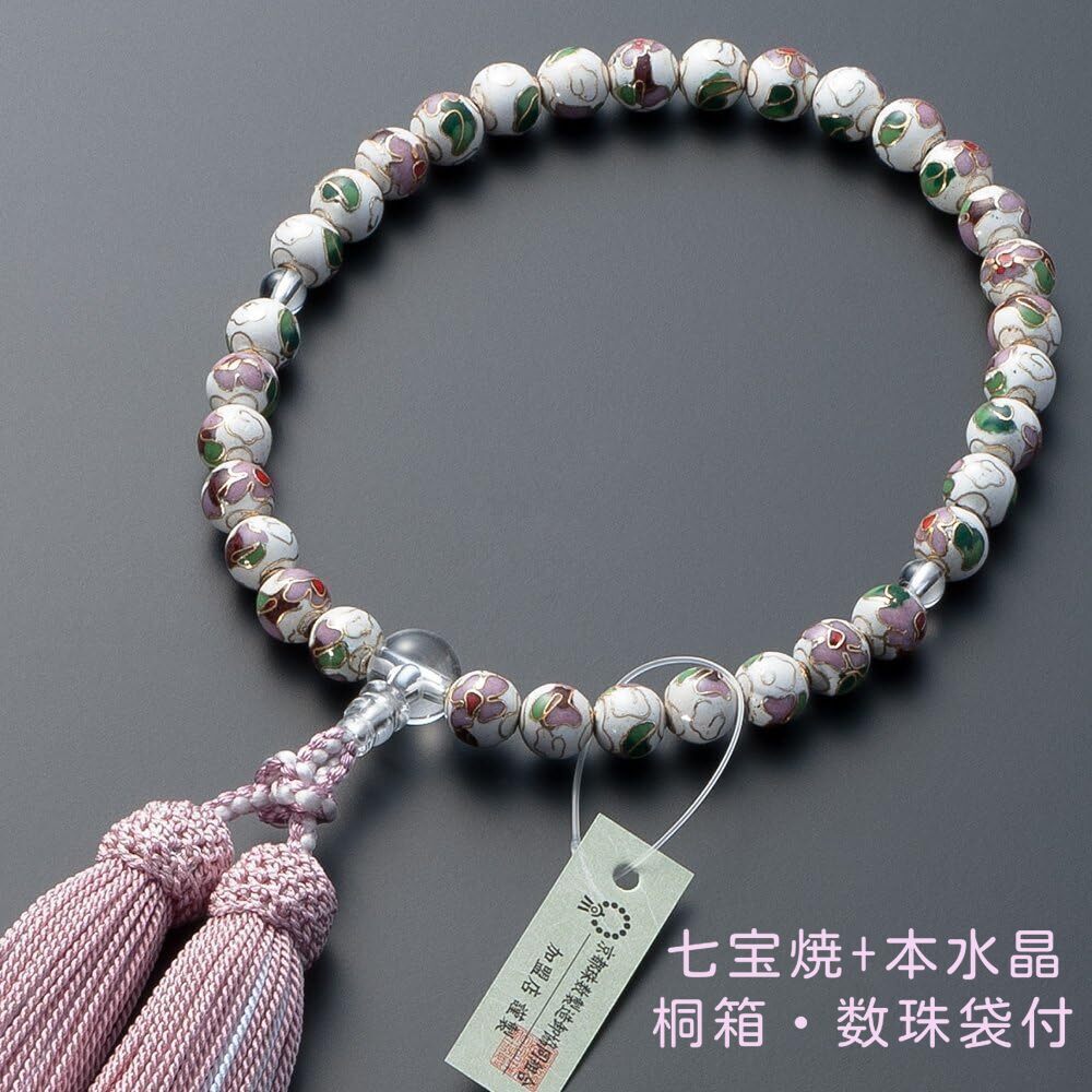 京念珠 数珠 女性用 七宝焼(白/8mm玉)2天本水晶仕立 正絹頭付房 数珠袋付 念珠 略式数珠拍卖