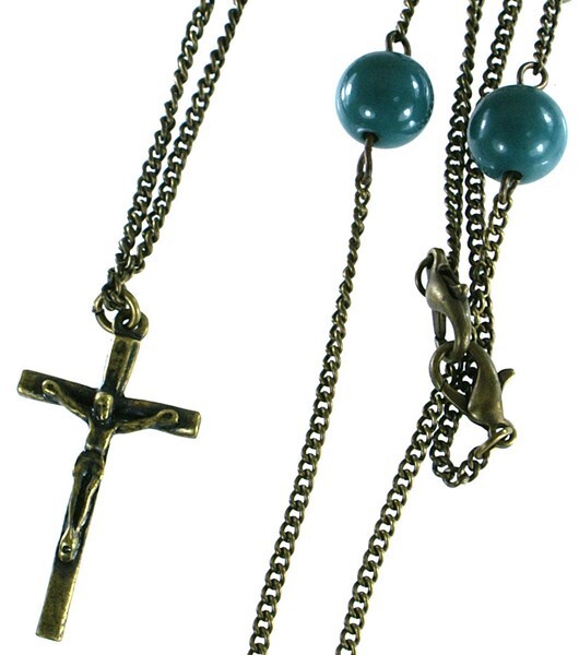 ロザリオ クロス 十字架 イエスキリスト 3連チェーン S50cm M76cm L80cm ターコイズ風ボール ネックレス アクセサリー拍卖