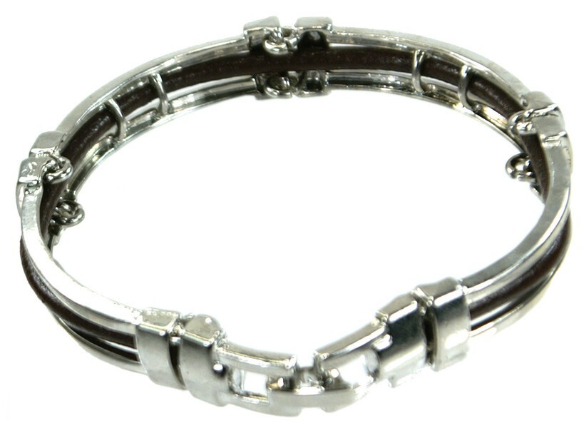 牛革入り レザー メンズ 男性用 腕輪 ブレスレット バングル シルバー 茶革 20代人気拍卖