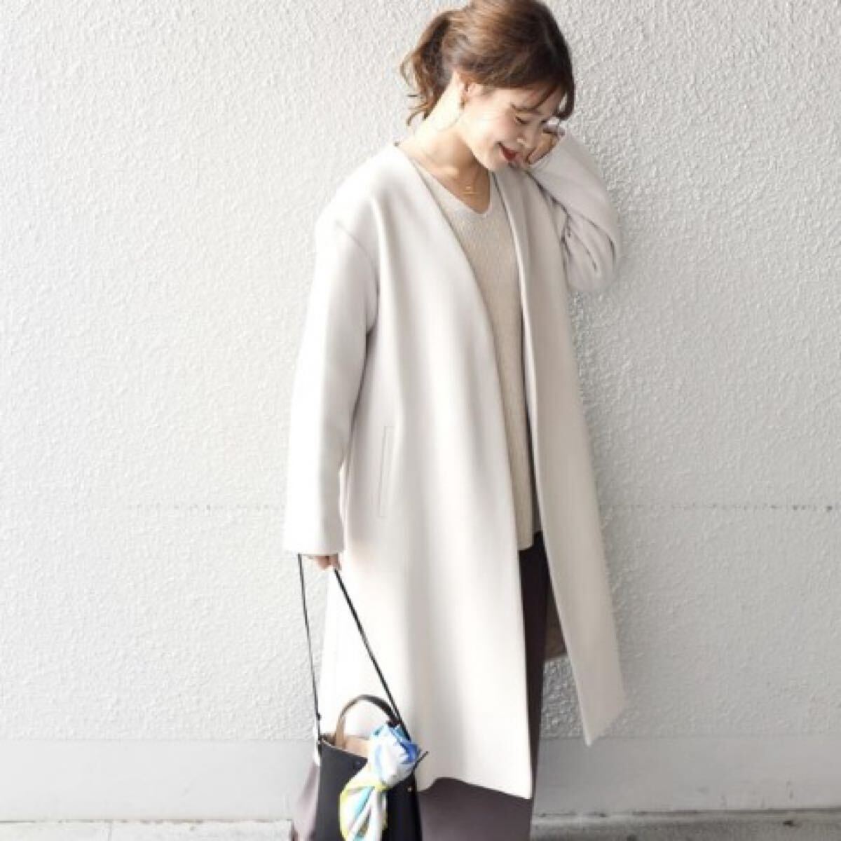 新品shipsBELLANDIノーラペルコート SHIPS WOMEN シップス アウター オフホワイト36 SUPER130 ノーカラーコート拍卖