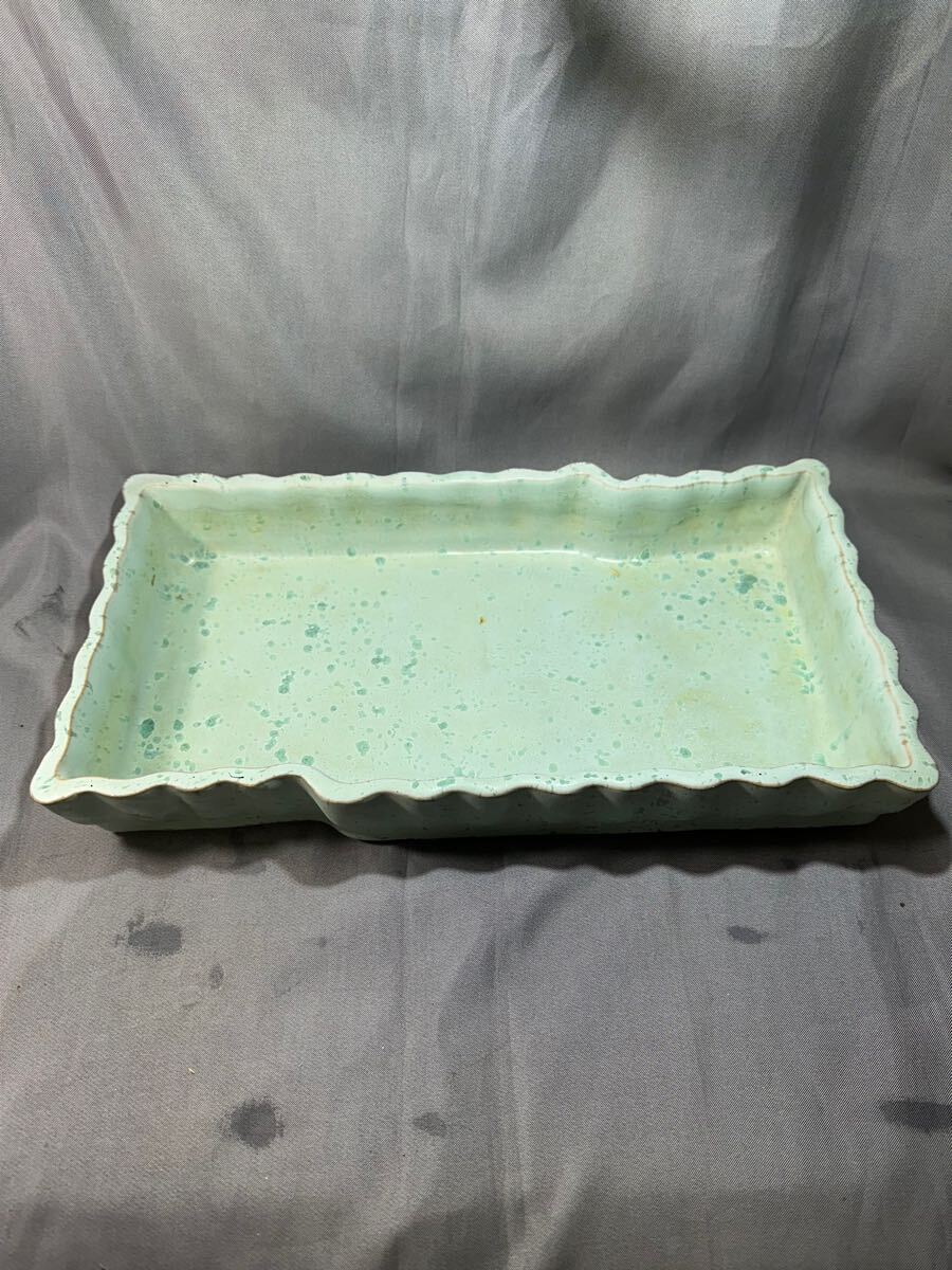 長皿 角皿 花器 水盤 大型 渋い水色 在銘 華道生花用皿拍卖