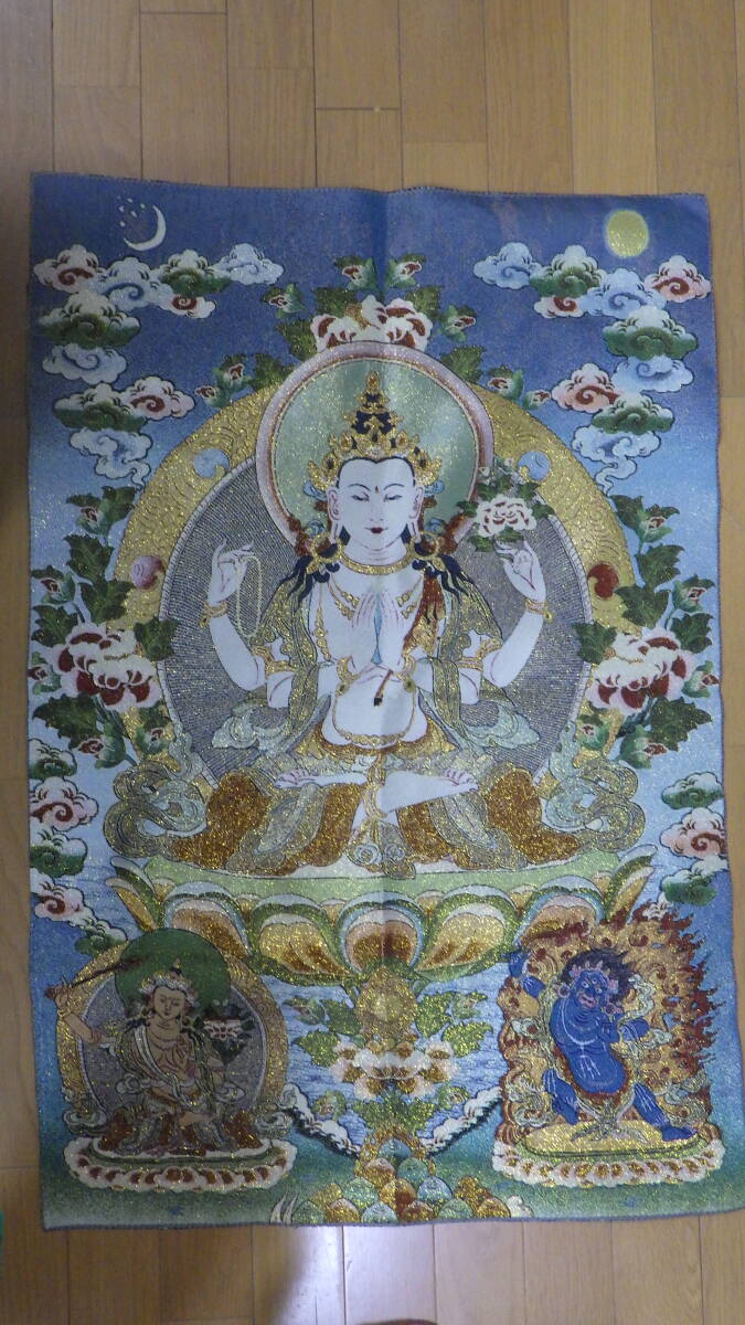 チベット仏教・タンカ「六字咒観音菩薩像」織物 刺繍絵画 タペストリー 60cm×90cm拍卖