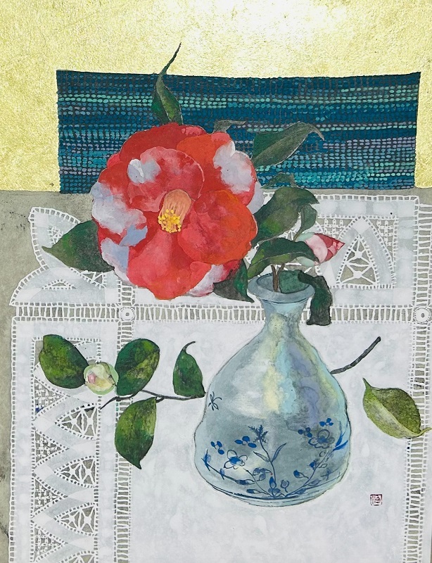 【 真作保証・送料無料 】 北村さゆり 「椿と伝統織物」 日本画 6F拍卖