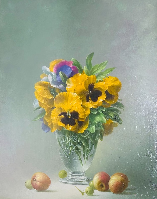 【真作保証・送料無料】  土井邦晃 「菫」 油彩画 多賀シール拍卖