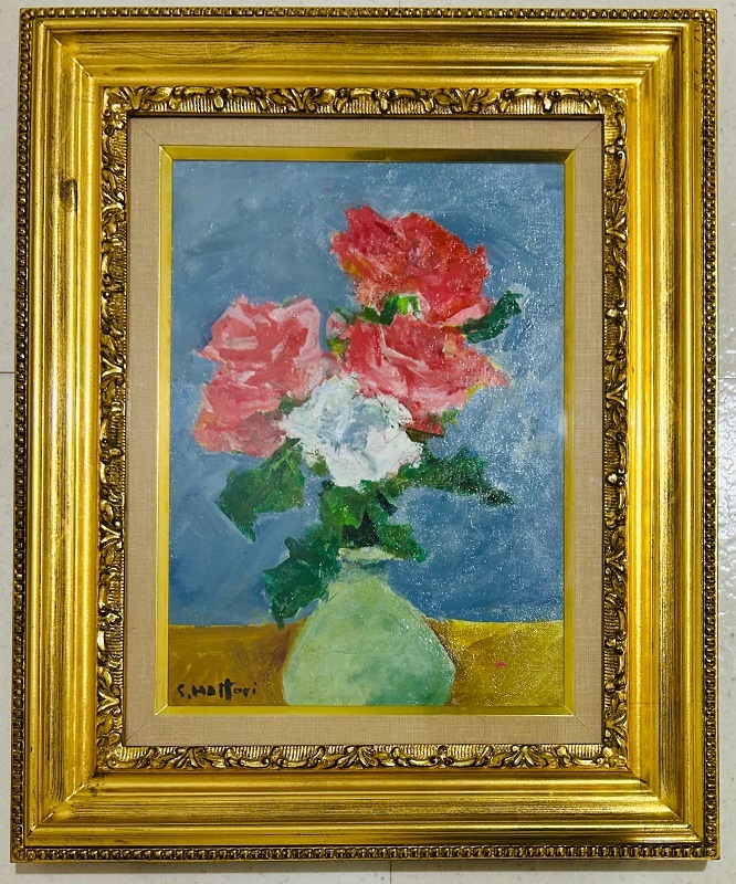 【 真作保証・送料無料 】 服部正一郎 「バラ」 油彩画4F 鑑定書付拍卖