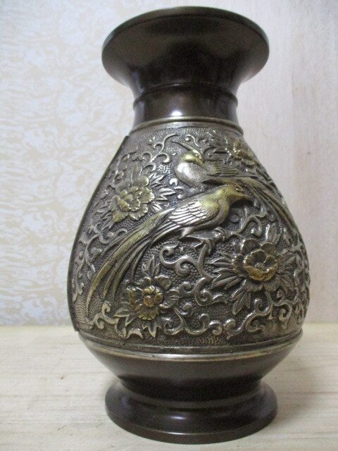 K106-214W 花瓶 銅製 鳥と花柄 龍仙 中古 高さ約21.6cm (洋押左)拍卖