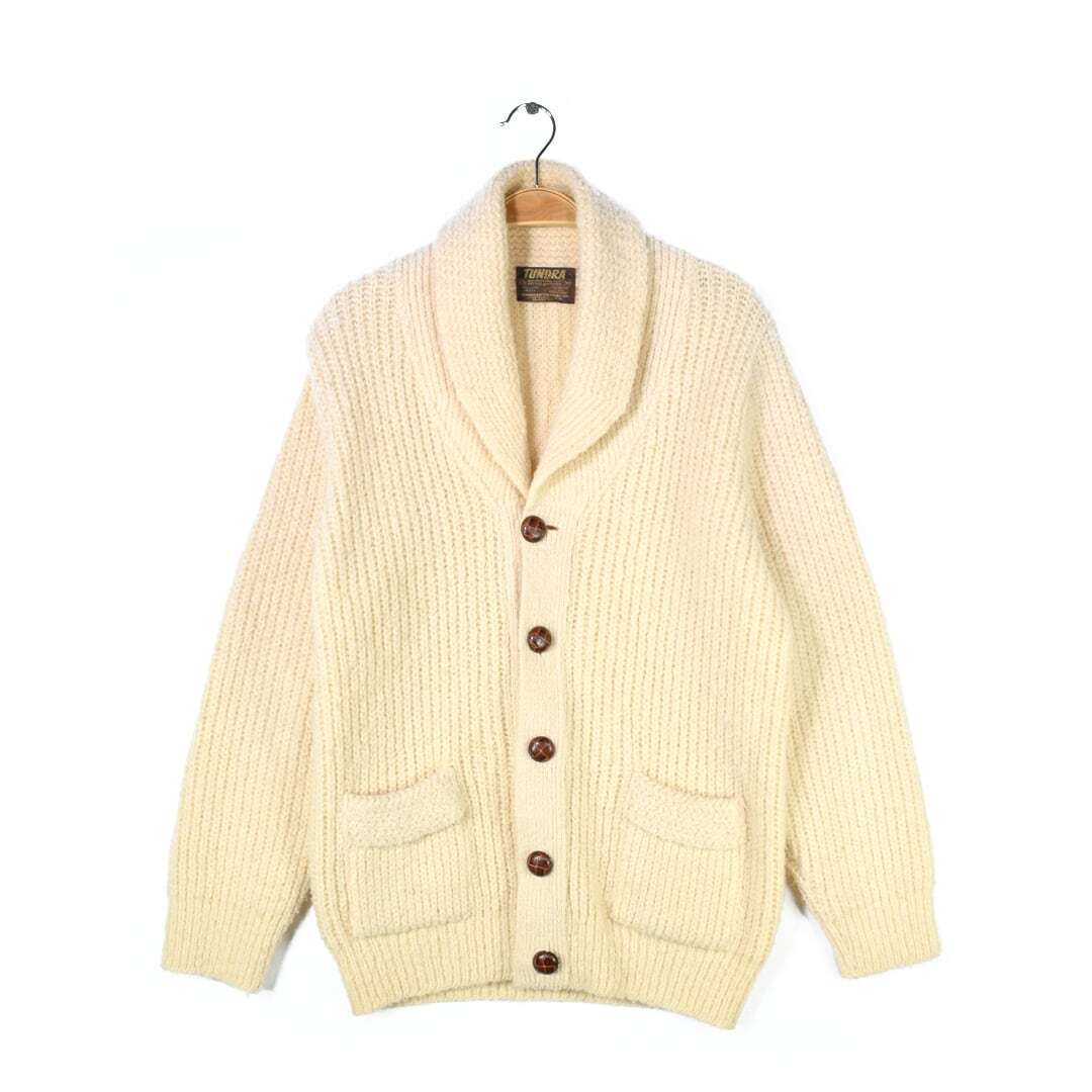 【送料無料】80s ツンドラ カナダ製 ヴィンテージセーター ショールカラー ウールセーター レザーエルボーパッチ メンズM 古着 @CH1080拍卖