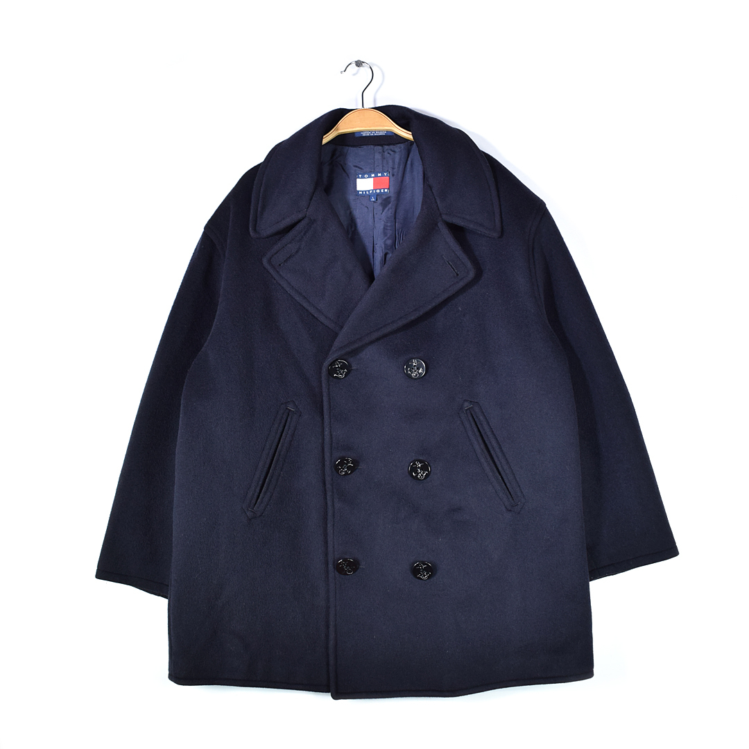 【送料無料】90s トミーヒルフィガー Pコート メルトンウール ウールコート ネイビー TOMMY HILFIGER メンズL 古着 @DZ0633拍卖