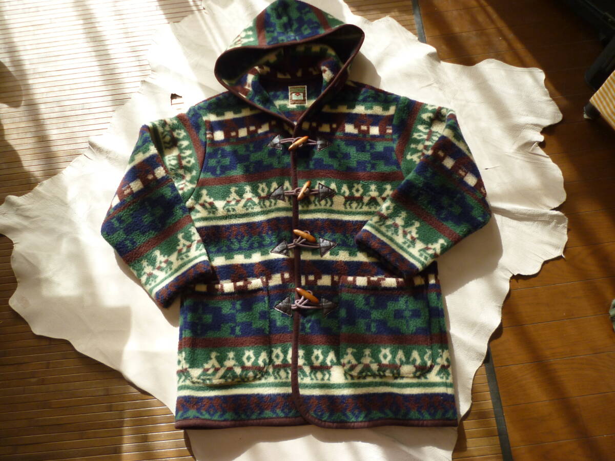 739-79♂♀:wonder collar ワンダーカラー フリース ダッフルコート size.M 色.緑系 幾何学模様 日本製 拍卖