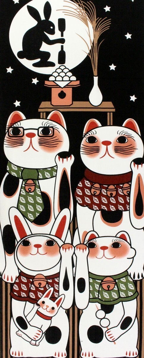 手ぬぐい 和柄 ねこ お月見 福招き猫 日本製 手拭い ヤギセイ クリックポスト対応拍卖