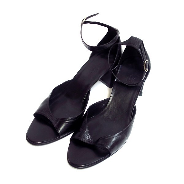 HERMES エルメス アンクルストラップ レザー ヒール サンダル #38 1/2 約25cm向き ブラック【送料無料】中古品 used AB拍卖