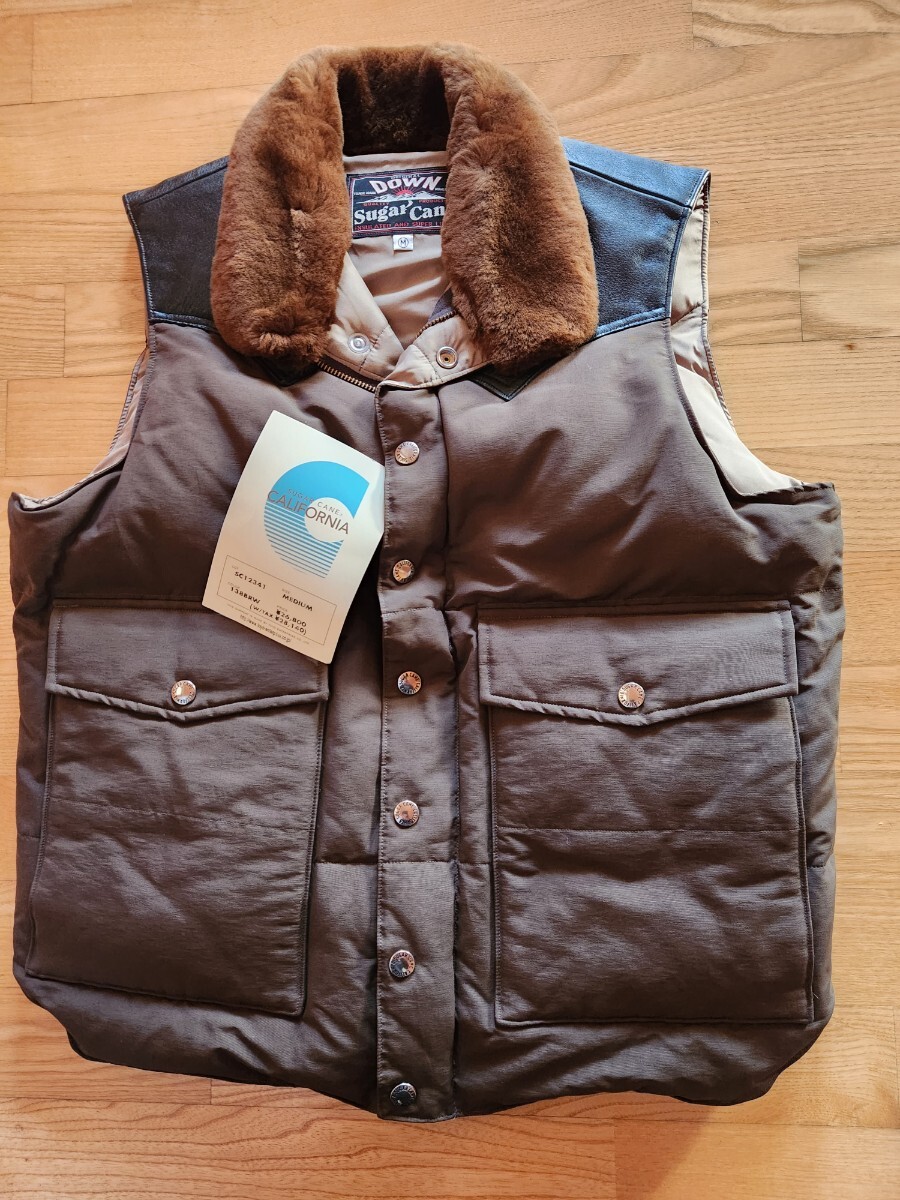 送料込★東洋 SUGAR CANE シュガーケーン SC12341 LEATHER YOKE T/C DOWN VEST ムートン襟 レザーヨーク ダウンベスト 羊毛 ブラウン M拍卖