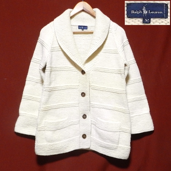 POLO ラルフローレン 90's 紺タグ ビンテージ ボタン ラグラン カウチン 厚手 ウール ニット ジャケット オフホワイト クリーム色 M 美品拍卖