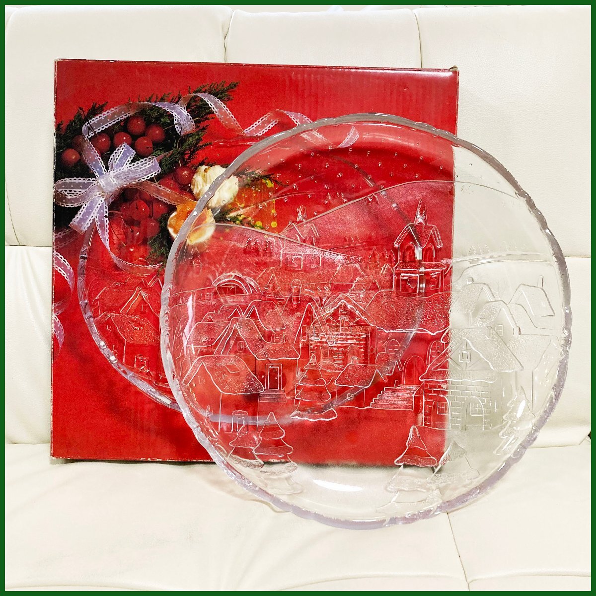 中古◆WINTER SCENE◆ ガラス プレート 大皿 コテンポラリー 盛り皿 食器 クリスマス 雪 直径35cm拍卖