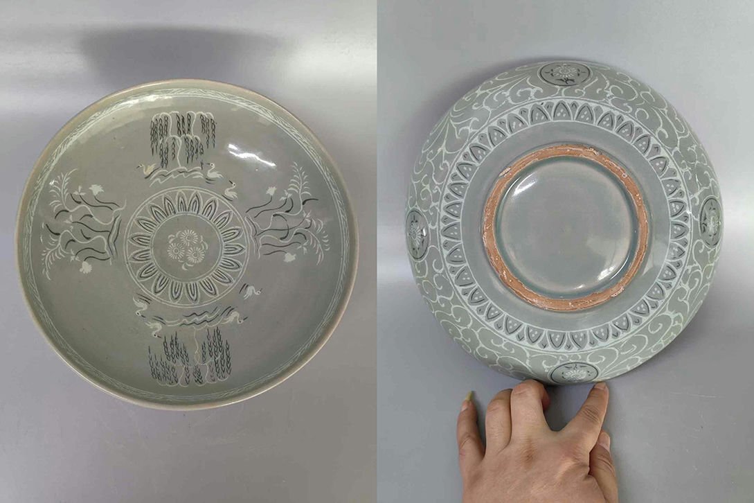 ▼渡鶴羽▼P662『朝鮮時代旧蔵』朝鮮古陶 朝鮮古美術 高麗磁 古高麗 李朝 高麗青磁黒白象嵌大碗拍卖