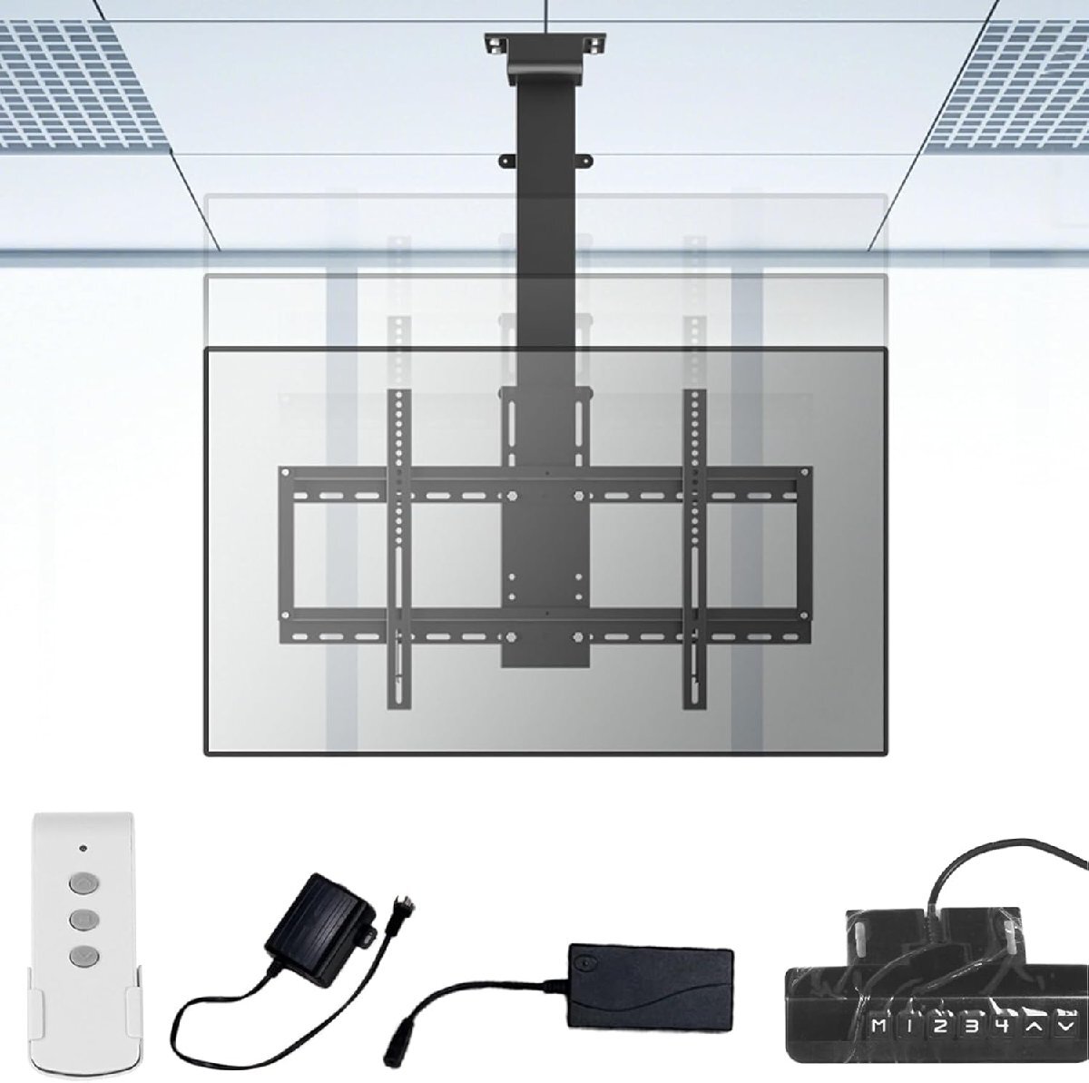 テレビ天吊り金具 電動 テレビスタンド リモコン 26-100インチ対応 3段階上下伸縮可能 耐荷重60kg VESA規格600x400mm 32~75in-73-173cm拍卖