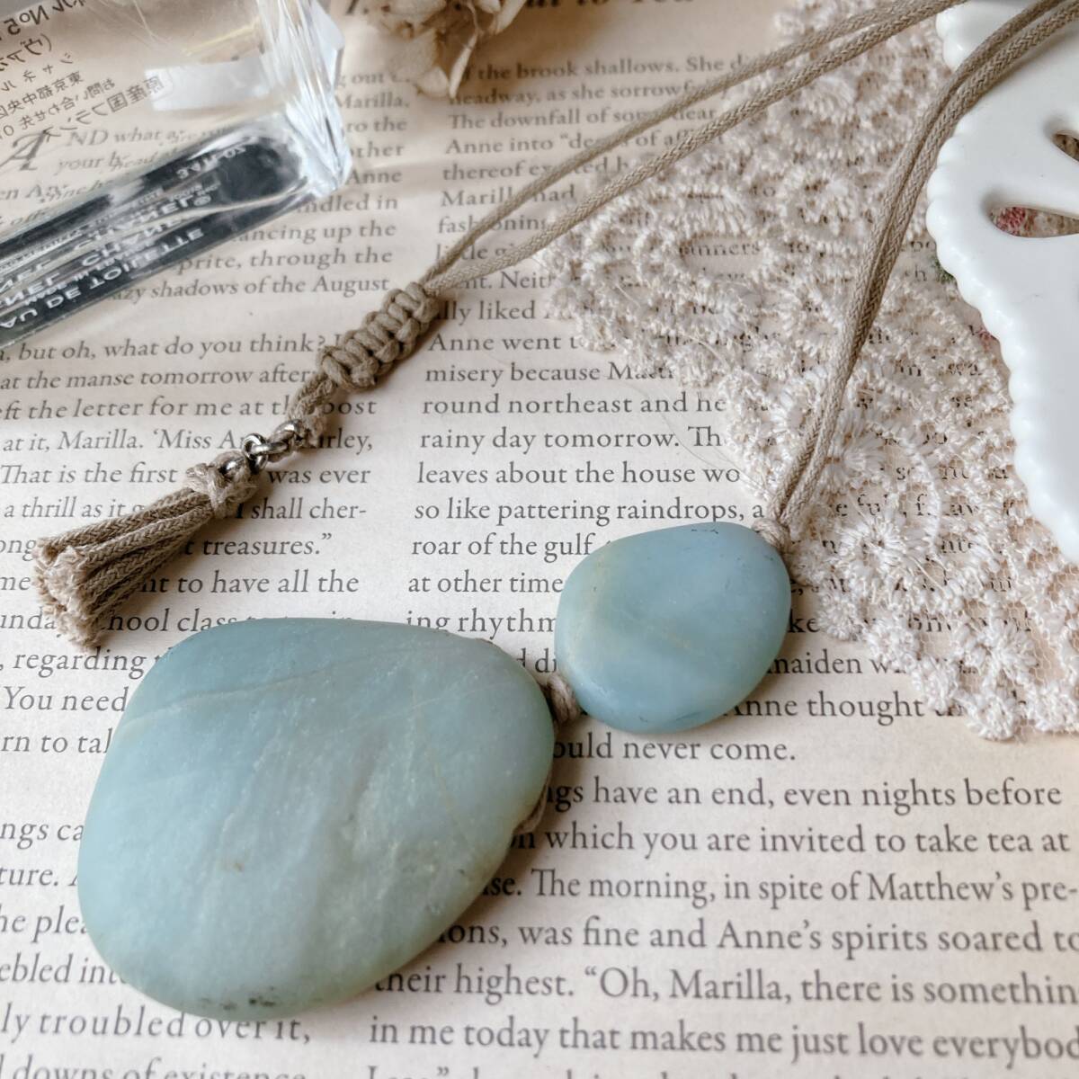 天然石ペンダント タンブルストーン アクアマリン 紐ネックレス 男女兼用 ビンテージ☆Vintage jewelry accessories R0236拍卖