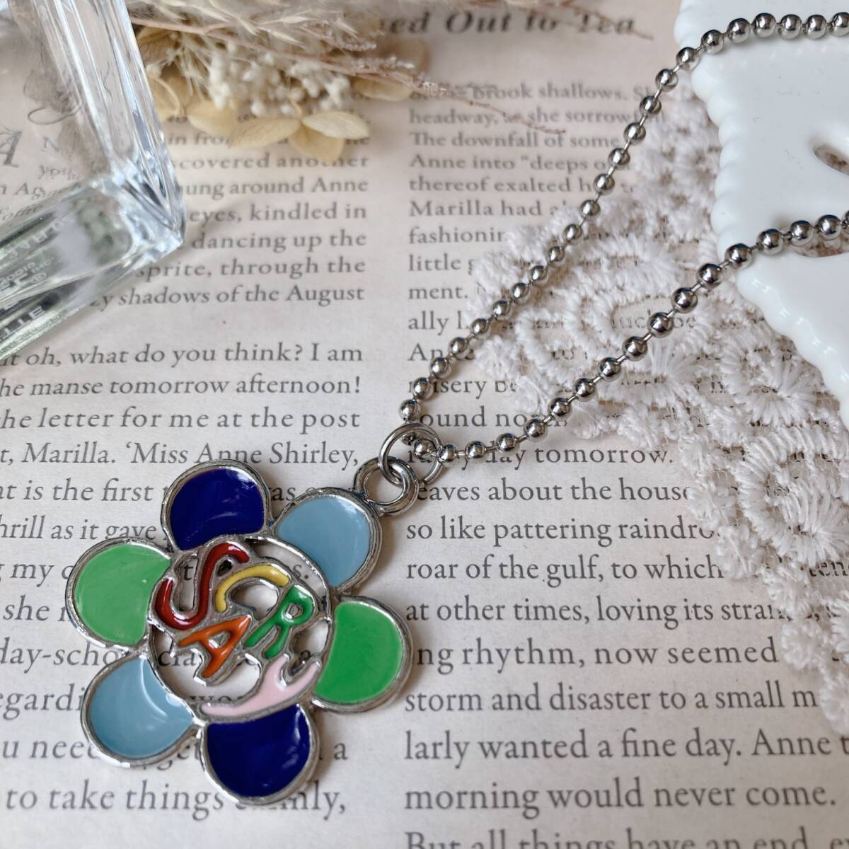 ネックレス ショート お花 フラワー ブルー グリーン シルバー 未使用品 アメリカ☆Vintage jewelry accessories R0242拍卖